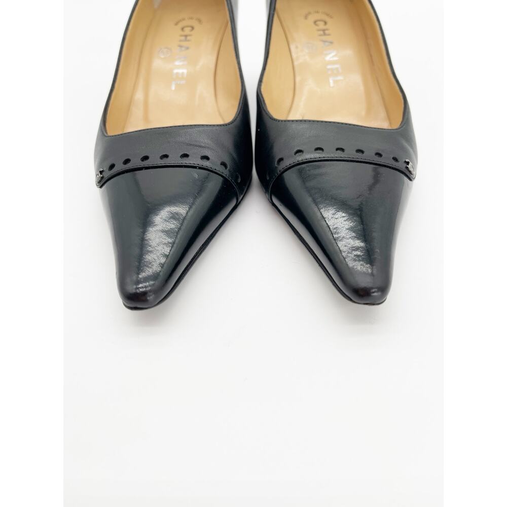 Chanel Vintage Black Leather Cap Toe CC Logo Kitten Heel Pointed Pumps EU 36.5 - Picture 7 of 14